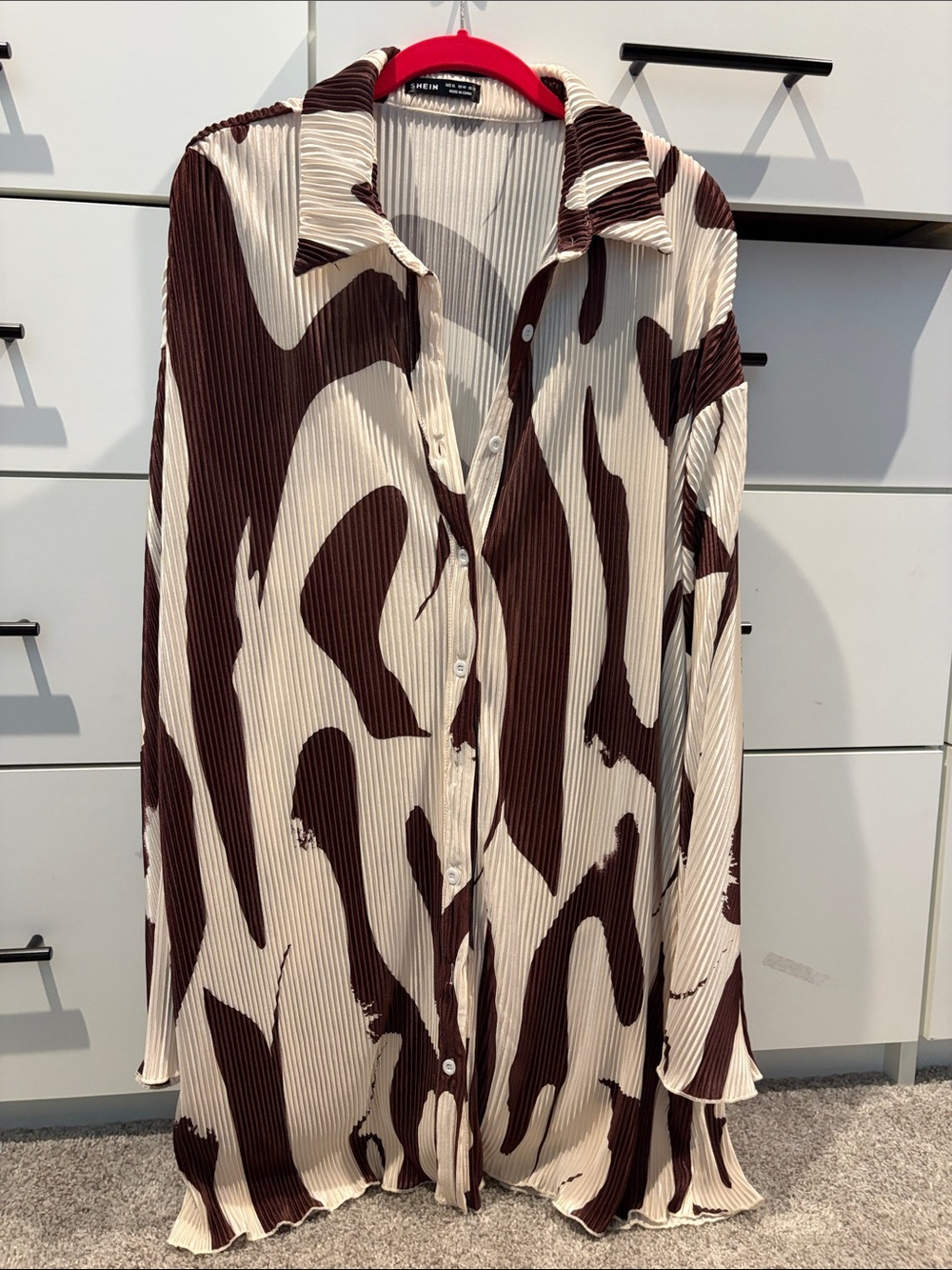 SHEIN Brown & Cream Abstract Pleated Button-Up Mini Dress